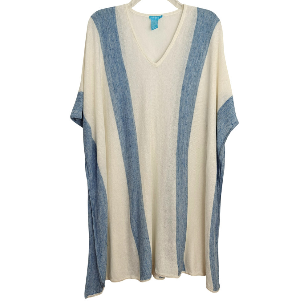 J. Mclaughlin Linen Knit Poncho Top One Size Blue White Beachy Coastal Coverup - Picture 2 of 7
